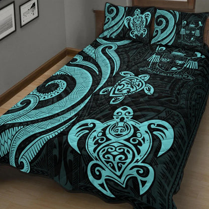 Fiji Quilt Bed Set - Turquoise Tentacle Turtle Crest