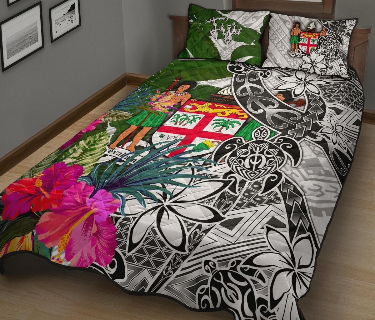 Fiji Quilt Bed Set White - Turtle Plumeria Banana Leaf Crest
