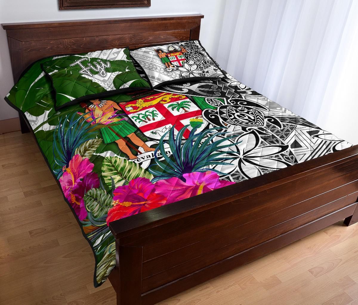 Fiji Quilt Bed Set White - Turtle Plumeria Banana Leaf Crest