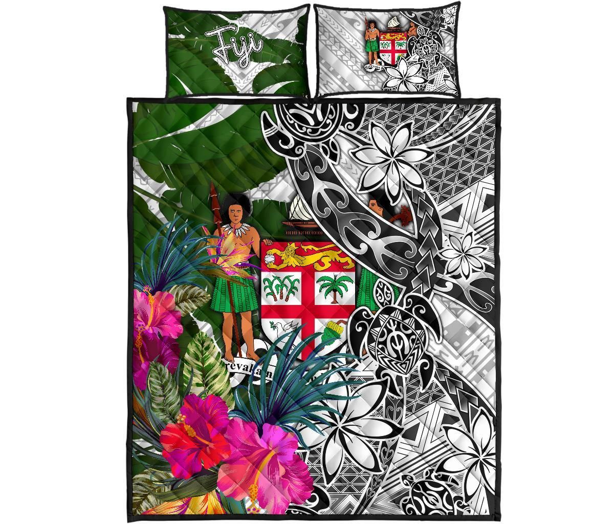 Fiji Quilt Bed Set White - Turtle Plumeria Banana Leaf Crest