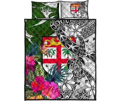Fiji Quilt Bed Set White - Turtle Plumeria Banana Leaf