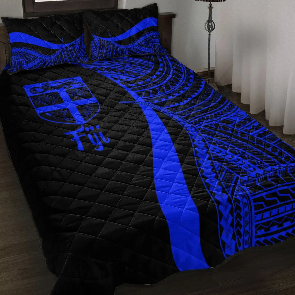 Fiji Quilt Bed Set - Blue Polynesian Tentacle Tribal Pattern
