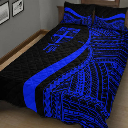 Fiji Quilt Bed Set - Blue Polynesian Tentacle Tribal Pattern
