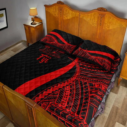 Fiji Quilt Bed Set - Red Polynesian Tentacle Tribal Pattern Crest
