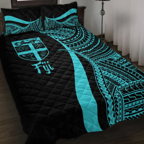 Fiji Quilt Bed Set - Turquoise Polynesian Tentacle Tribal Pattern