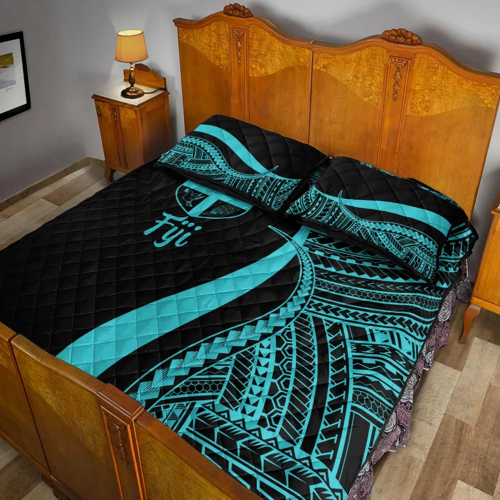 Fiji Quilt Bed Set - Turquoise Polynesian Tentacle Tribal Pattern