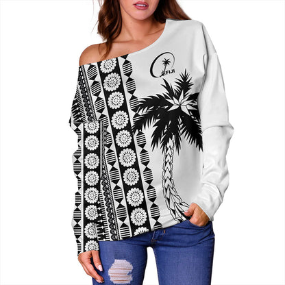 Fiji Off Shoulder Sweatshirt Rugby Pattern Tattoo Coconut