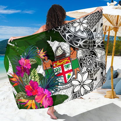 Fiji Sarong White - Turtle Plumeria Banana Leaf Crest