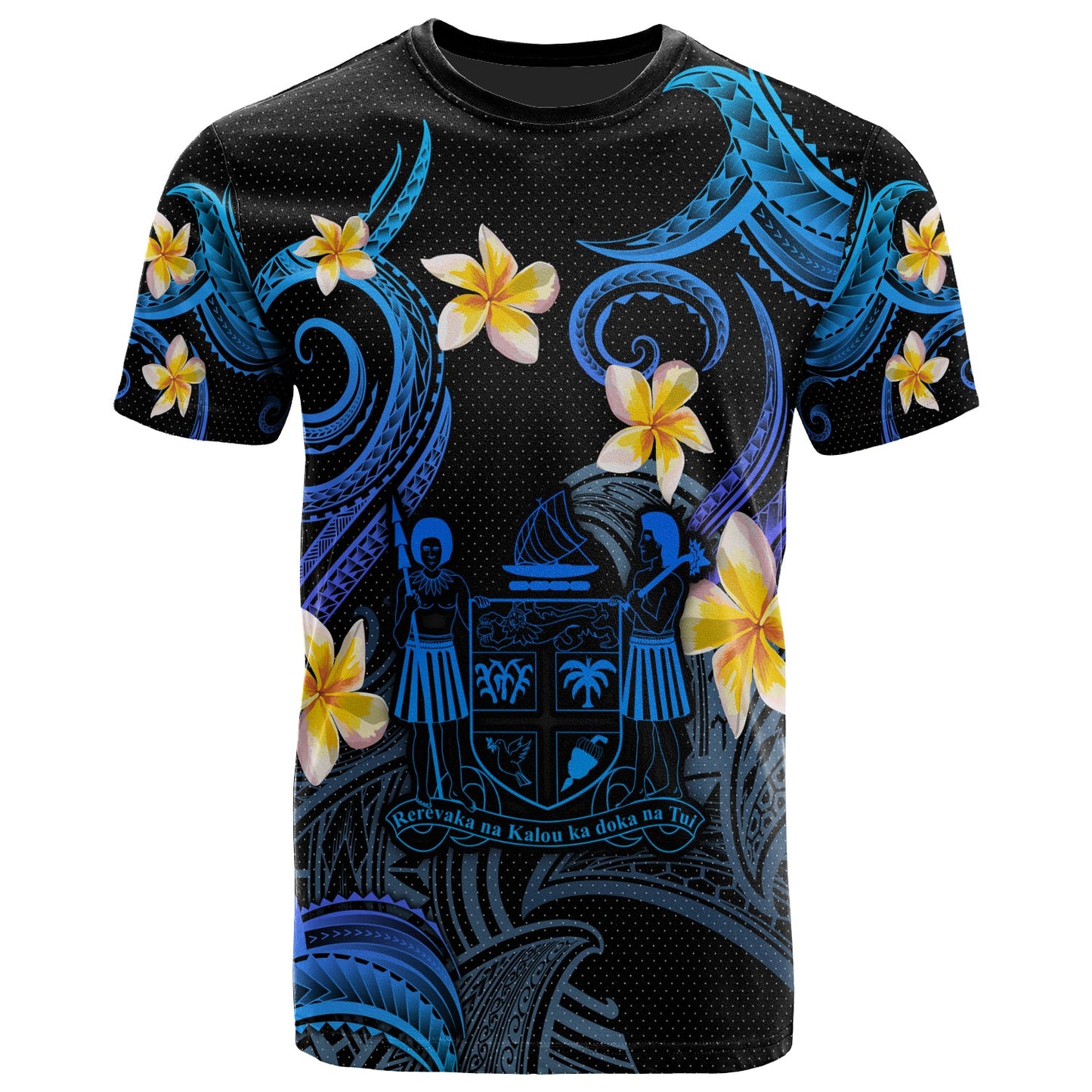 Fiji T-shirt - Custom Personalised Polynesian Waves with Plumeria Flowers (Blue)