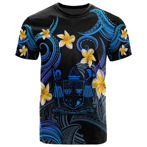 Fiji T-shirt - Custom Personalised Polynesian Waves with Plumeria Flowers (Blue)