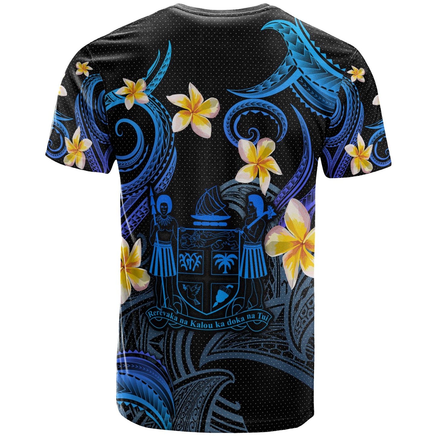 Fiji T-shirt - Custom Personalised Polynesian Waves with Plumeria Flowers (Blue)