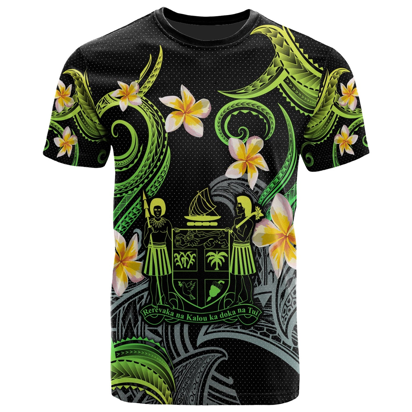 Fiji T-shirt - Custom Personalised Polynesian Waves with Plumeria Flowers (Green)