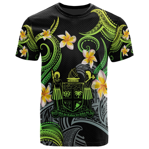 Fiji T-shirt - Custom Personalised Polynesian Waves with Plumeria Flowers (Green)