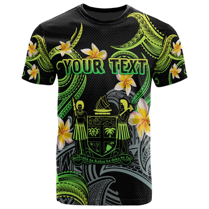 Fiji T-shirt - Custom Personalised Polynesian Waves with Plumeria Flowers (Green)