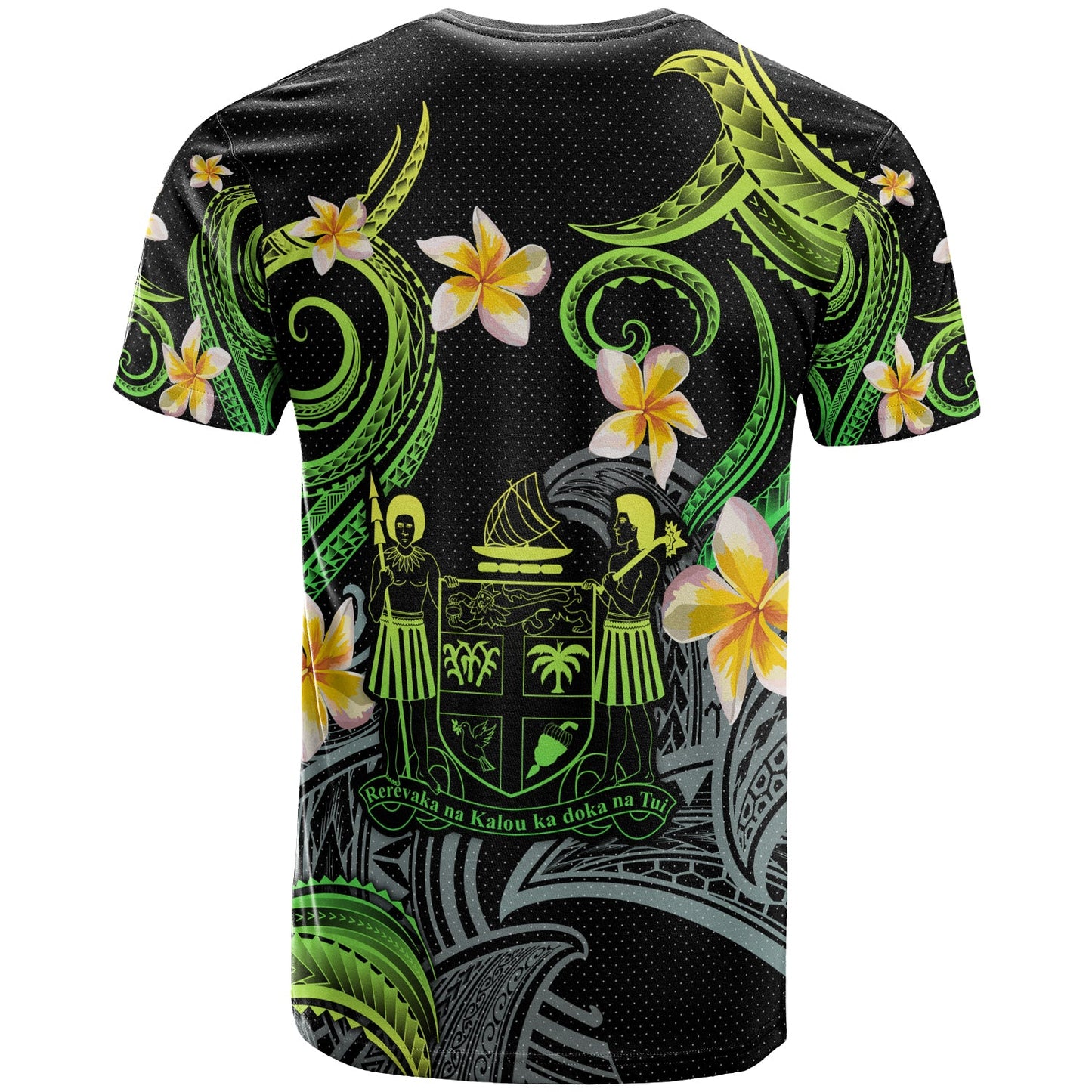 Fiji T-shirt - Custom Personalised Polynesian Waves with Plumeria Flowers (Green)