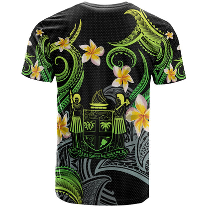 Fiji T-shirt - Custom Personalised Polynesian Waves with Plumeria Flowers (Green)