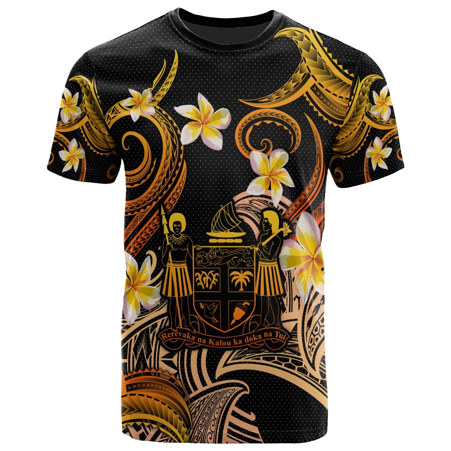 Fiji T-shirt - Custom Personalised Polynesian Waves with Plumeria Flowers (Orange)