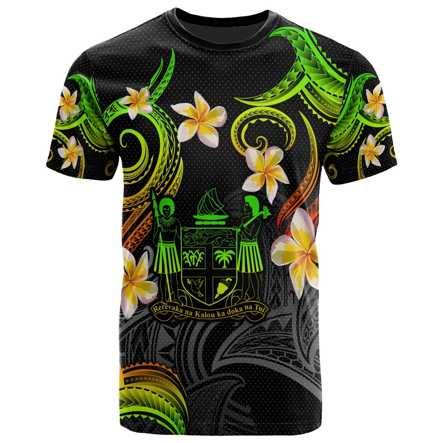 Fiji T-shirt - Custom Personalised Polynesian Waves with Plumeria Flowers (Reggae)