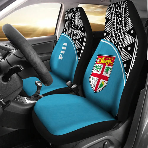 Fiji Tapa Car Seat Covers - Fiji Flag Polynesian White Curve Blue