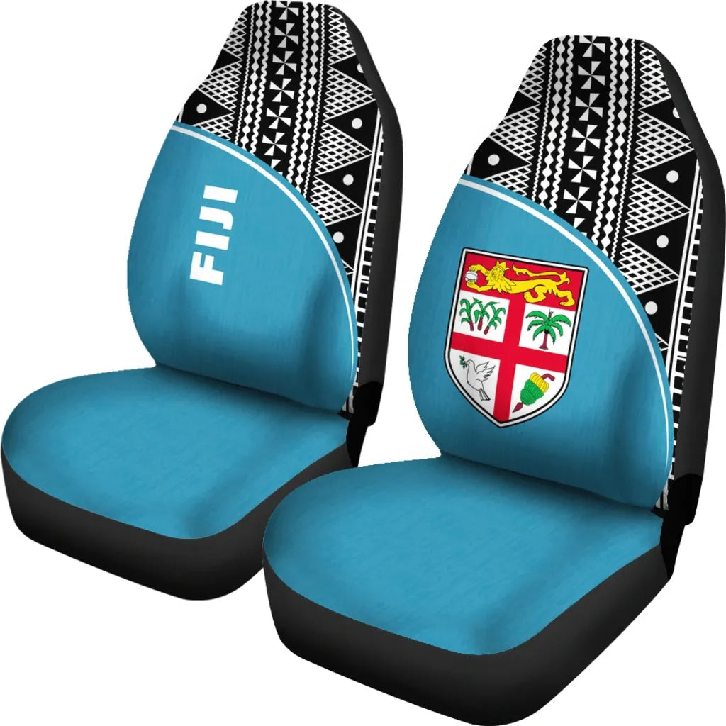 Fiji Tapa Car Seat Covers - Fiji Flag Polynesian White Curve Blue