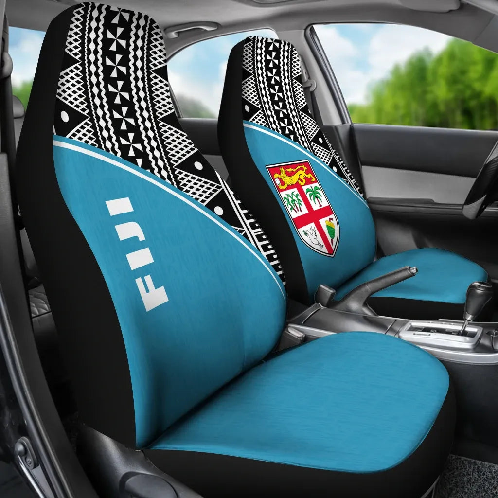 Fiji Tapa Car Seat Covers - Fiji Flag Polynesian White Curve Blue