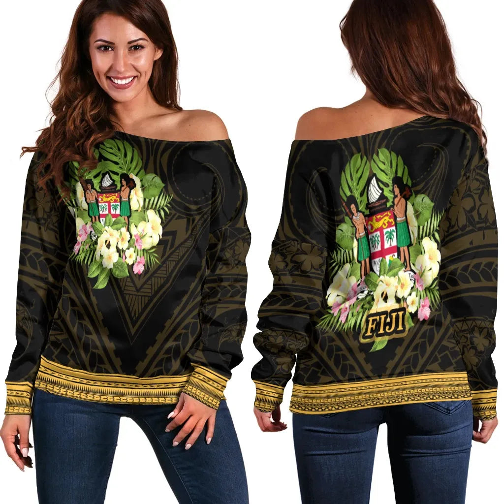 Fiji Women Off Shoulder Sweater - Polynesian Gold Patterns Collection