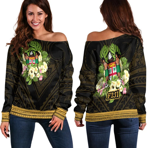 Fiji Women Off Shoulder Sweater - Polynesian Gold Patterns Collection