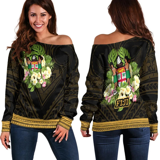 Fiji Women Off Shoulder Sweater - Polynesian Gold Patterns Collection