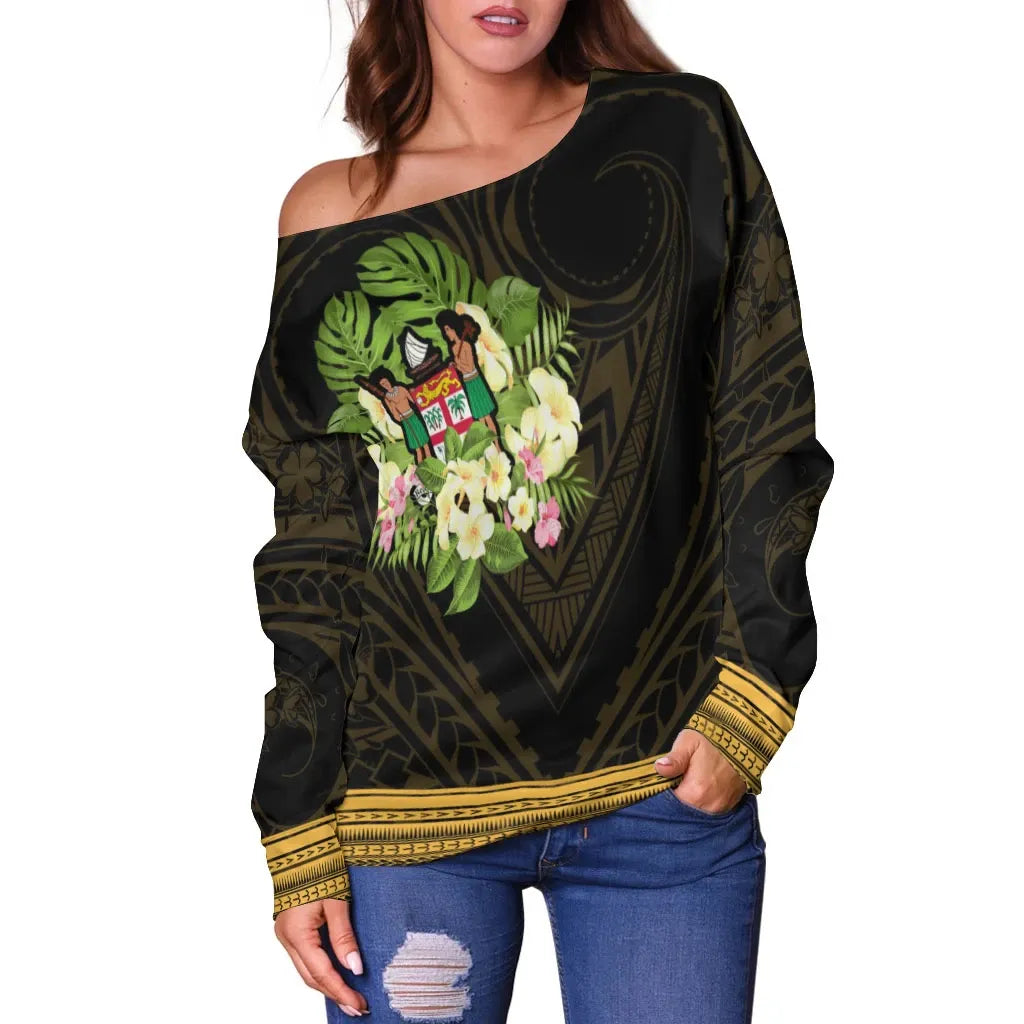 Fiji Women Off Shoulder Sweater - Polynesian Gold Patterns Collection