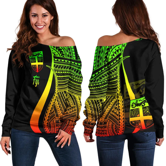 Fiji Women Off Shoulder Sweater - Reggae Polynesian Tentacle Tribal Pattern