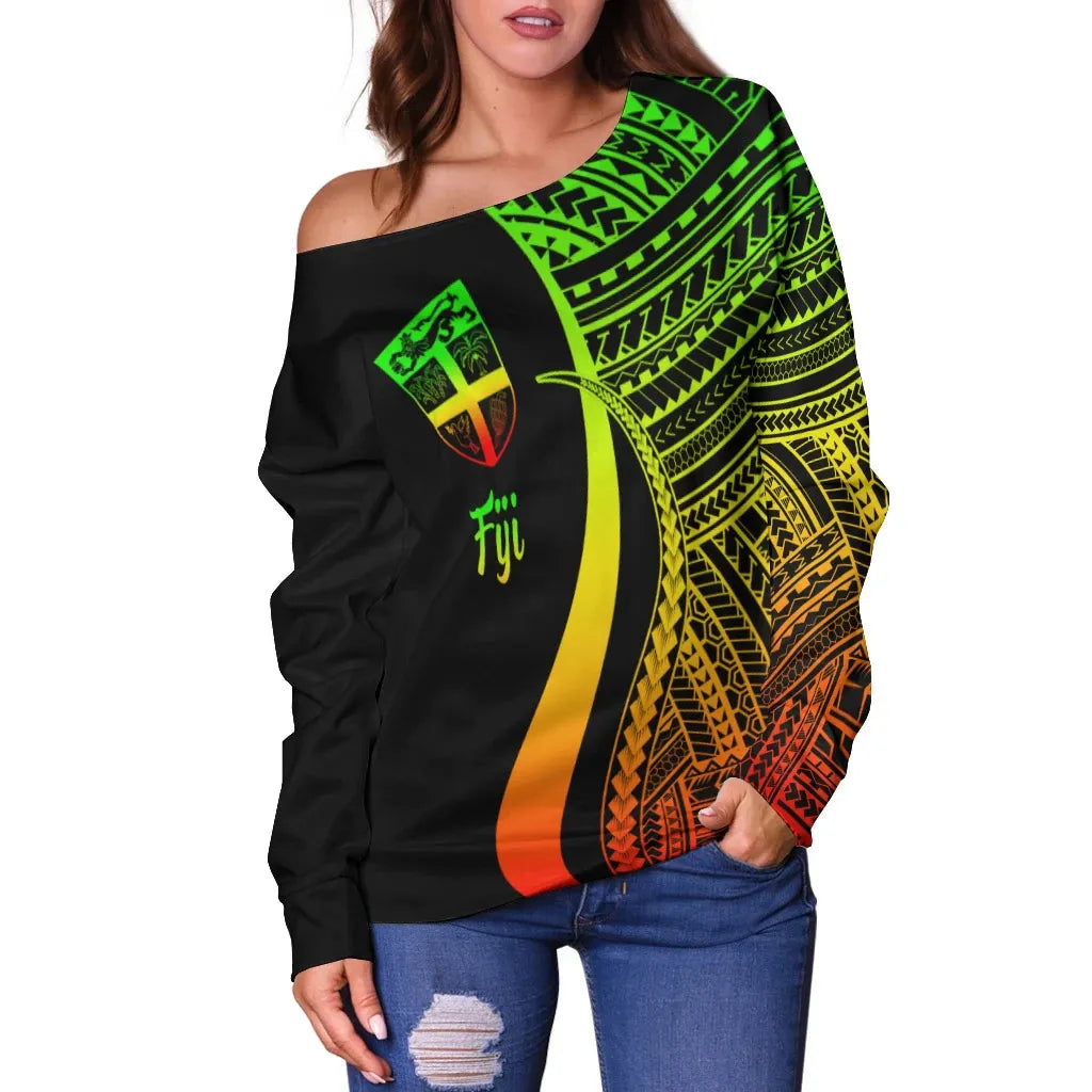 Fiji Women Off Shoulder Sweater - Reggae Polynesian Tentacle Tribal Pattern