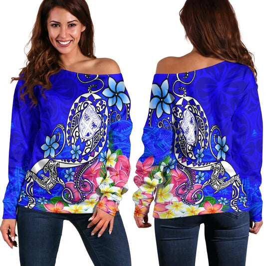 Fiji Women Off Shoulder Sweater - Turtle Plumeria (Blue)