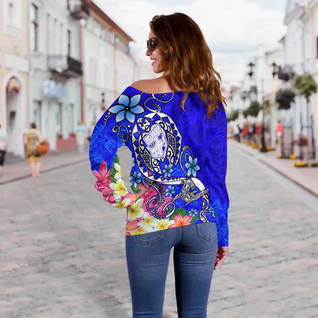 Fiji Women Off Shoulder Sweater - Turtle Plumeria (Blue)