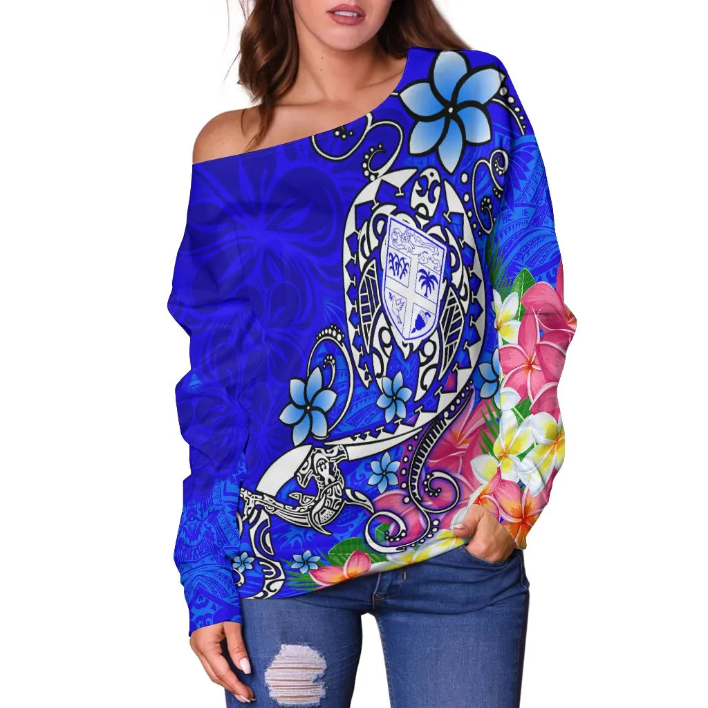 Fiji Women Off Shoulder Sweater - Turtle Plumeria (Blue)