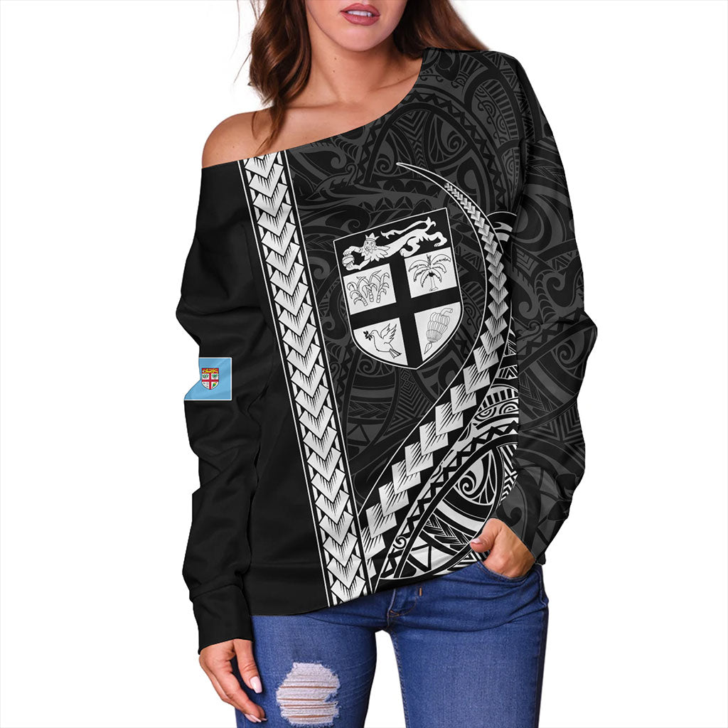 Fiji Off Shoulder Sweatshirt Tribal Melanesian Coat Of Arms