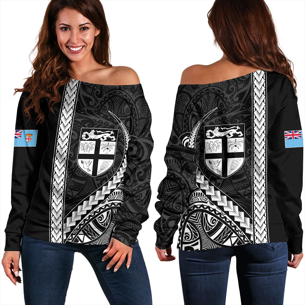 Fiji Off Shoulder Sweatshirt Tribal Melanesian Coat Of Arms