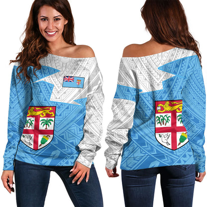 Fiji Off Shoulder Sweatshirt Polynesian Tattoo Flag And Coat Of Arms
