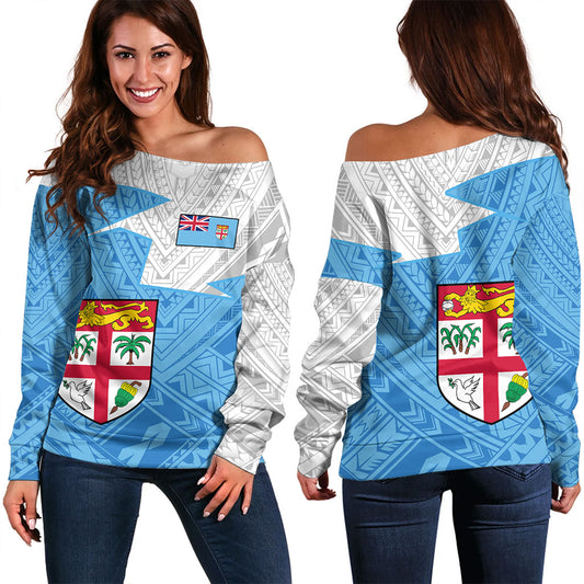 Fiji Off Shoulder Sweatshirt Polynesian Tattoo Flag And Coat Of Arms