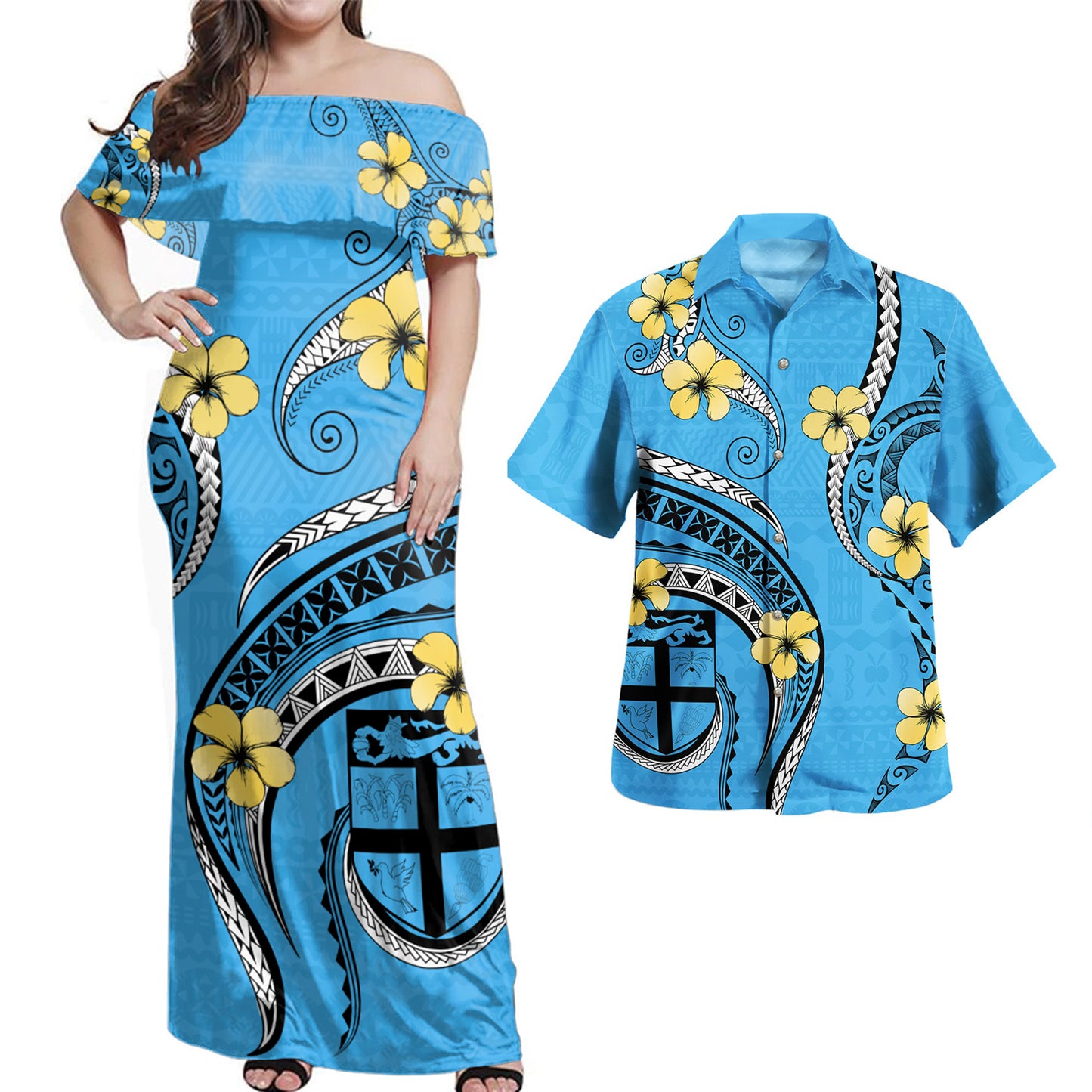Fiji Combo Dress And Shirt Bula Style Plumeria Flower