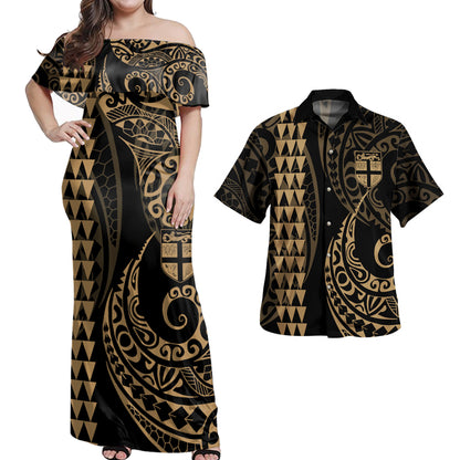 Fiji Combo Dress And Shirt Coat Of Arms Kakau Style Gold