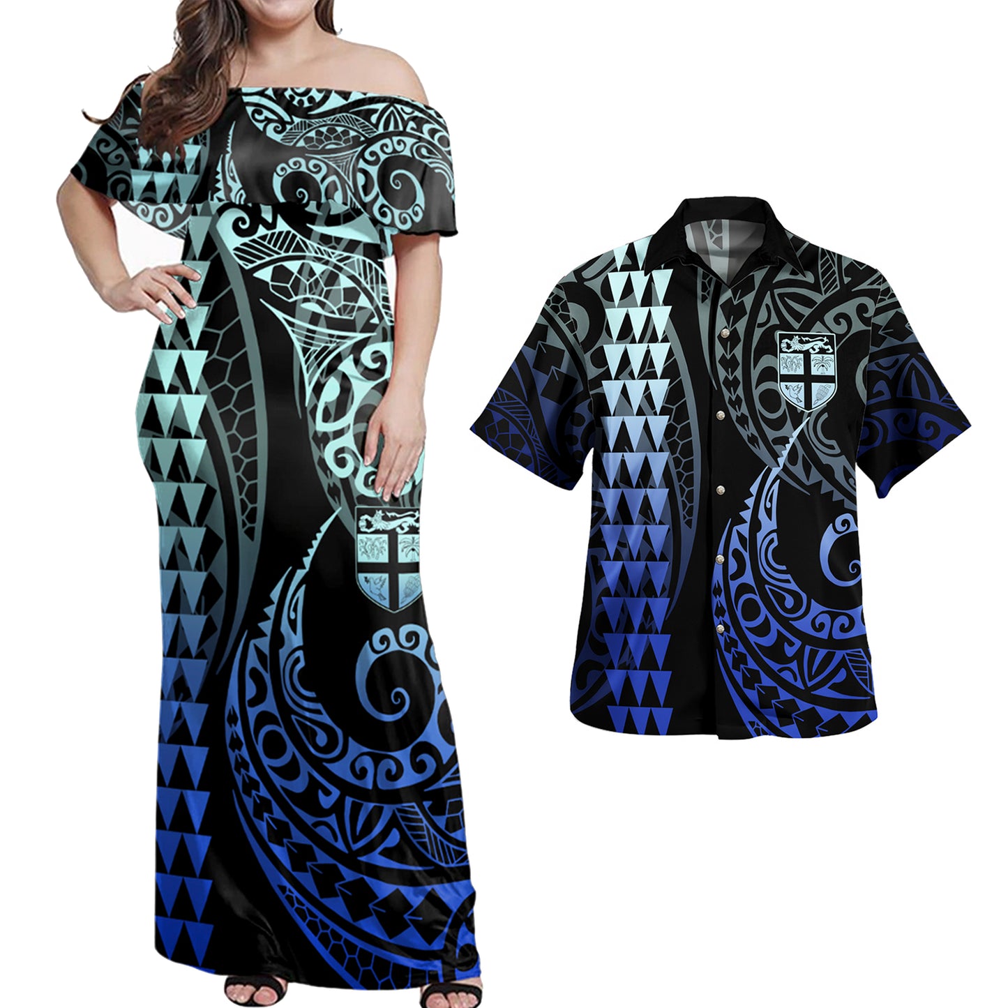 Fiji Combo Dress And Shirt Coat Of Arms Kakau Style Gradient Blue
