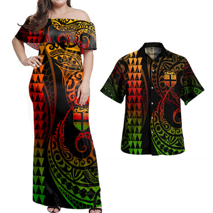 Fiji Combo Dress And Shirt Coat Of Arms Kakau Style Reggae