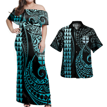 Fiji Combo Dress And Shirt Coat Of Arms Kakau Style Turquoise