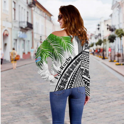 Fiji Off Shoulder Sweatshirt Rugby Masi Flying Fijians Fabric Leaves
