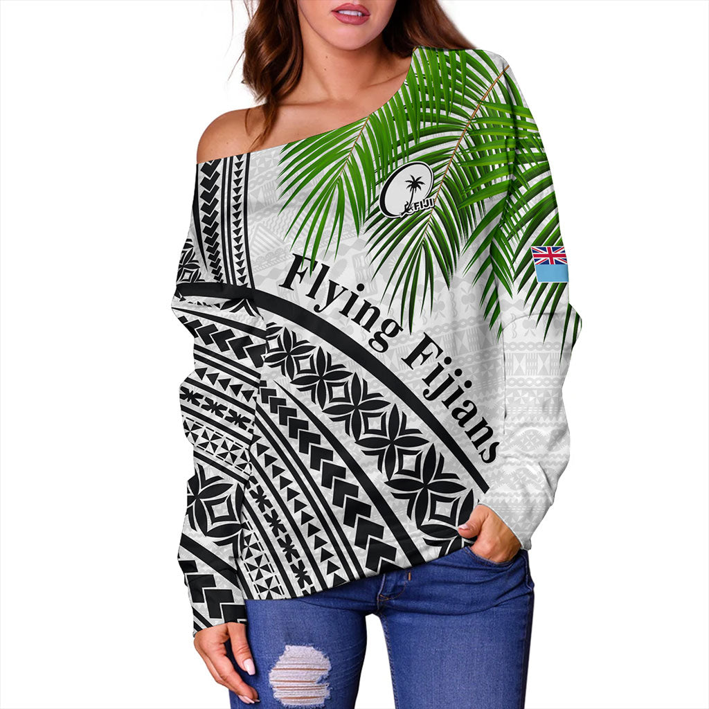 Fiji Off Shoulder Sweatshirt Rugby Masi Flying Fijians Fabric Leaves