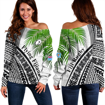 Fiji Off Shoulder Sweatshirt Rugby Masi Flying Fijians Fabric Leaves