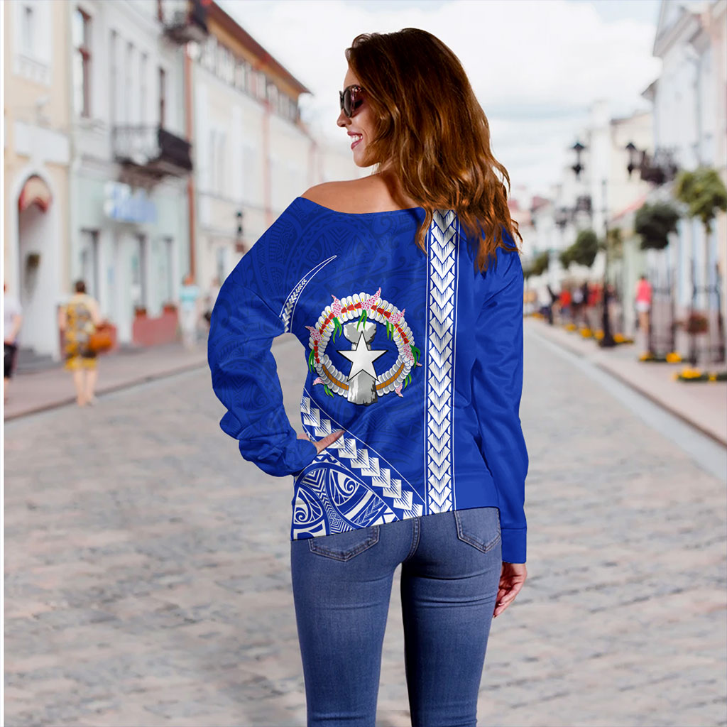 Northern Mariana Islands Off Shoulder Sweatshirt Coat Of Arms Polynesian Tribal