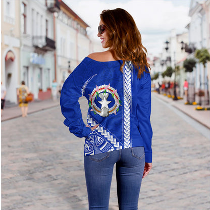 Northern Mariana Islands Off Shoulder Sweatshirt Coat Of Arms Polynesian Tribal