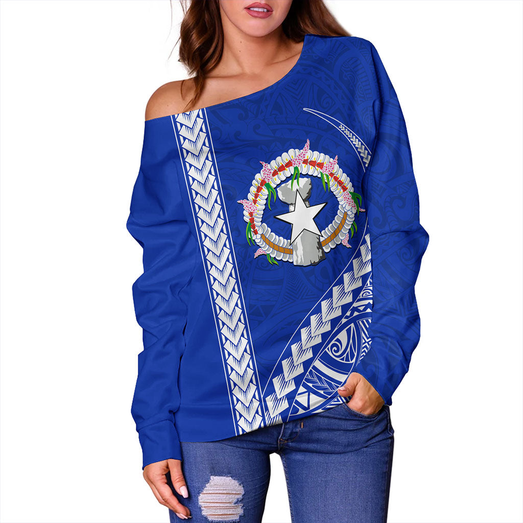 Northern Mariana Islands Off Shoulder Sweatshirt Coat Of Arms Polynesian Tribal