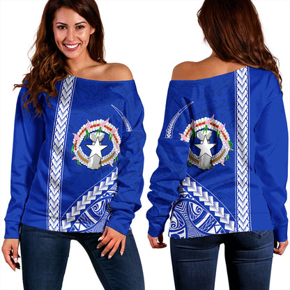 Northern Mariana Islands Off Shoulder Sweatshirt Coat Of Arms Polynesian Tribal